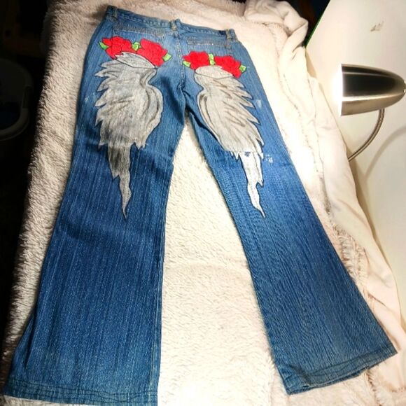 Y2K Custom Painted Distressed Bleached Denim Jeans Wearable Art Wings-Roses 12 - Picture 10 of 12